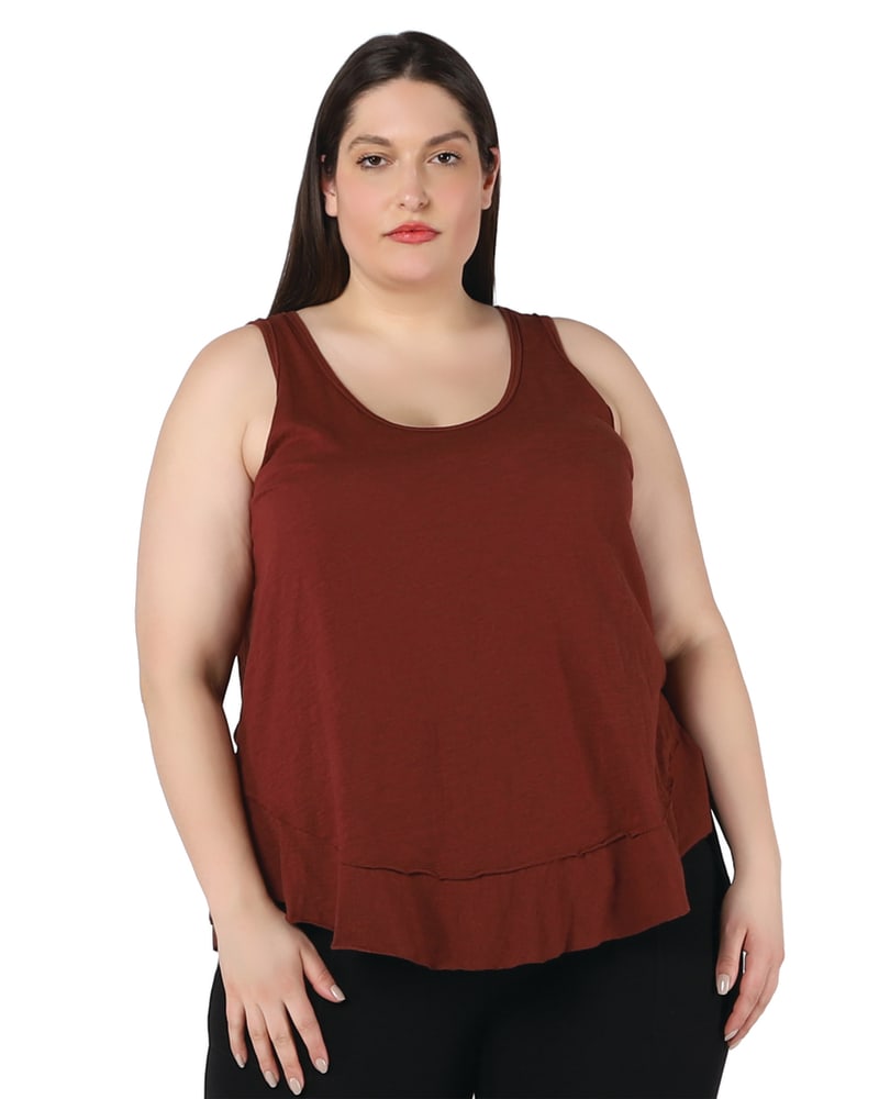 Plus size model wearing Aislinn Raw Edge Layered Hem Tank by DEX PLUS | Dia&Co | dia_product_style_image_id:203000